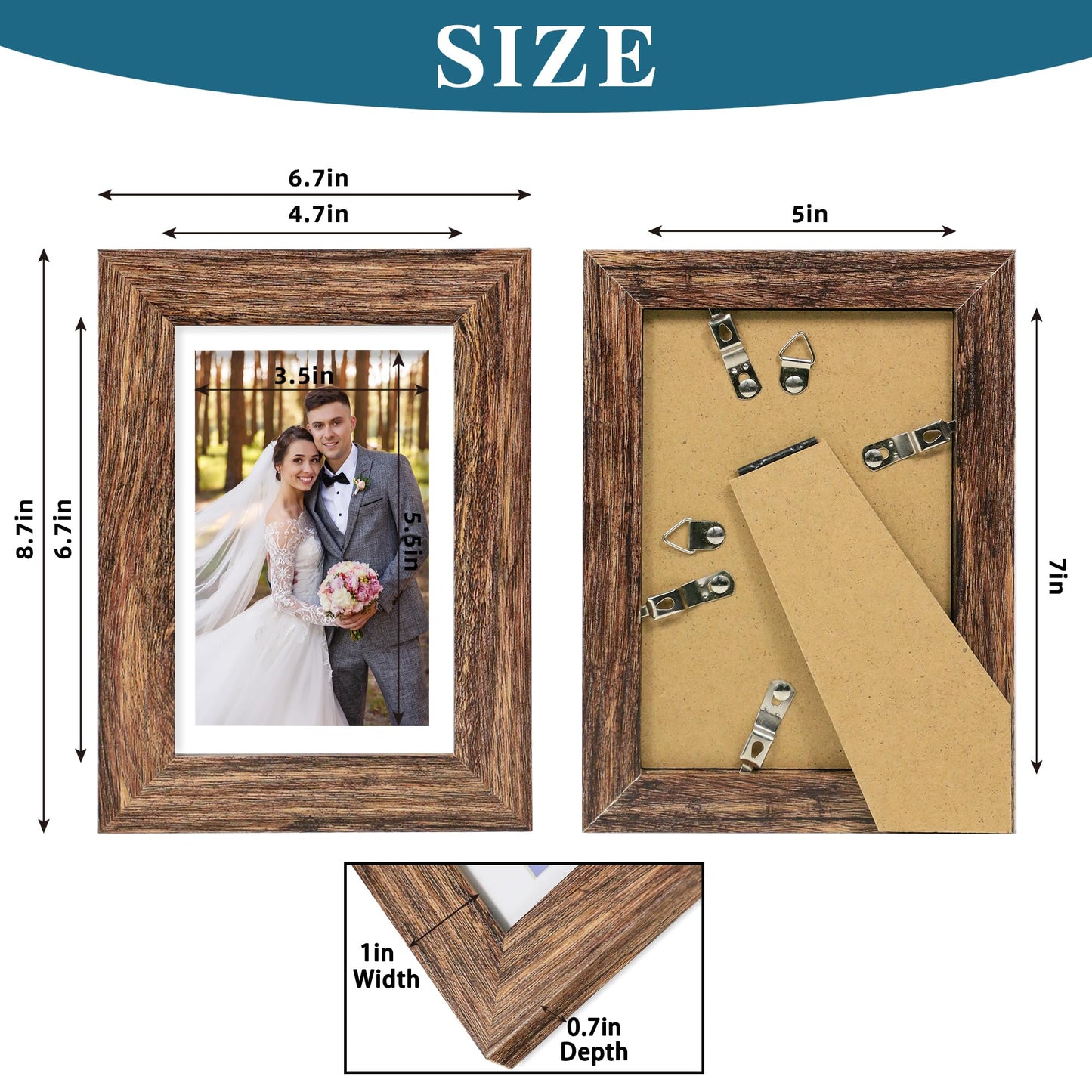 Hongkee 5x7 Picture Frame Set of 2, Made of Real Glass and Rustic Brown Wooden Frame - Display Pictures 4x6 with Mat or 5x7 Without Mat, 5 by 7 Photo Frame for Wall or Tabletop Display