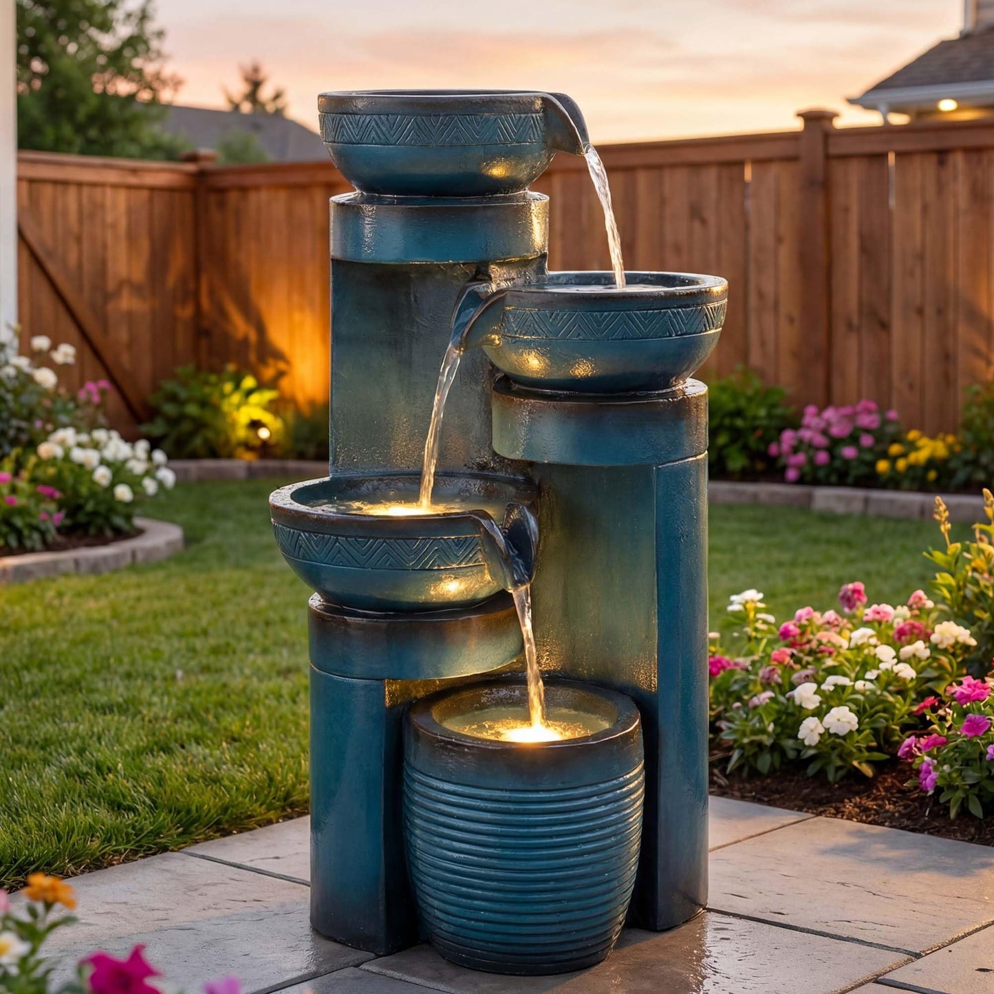 Autodaya 19.3" H Pedestal Outdoor Water Fountain with LED Lights and Pump, 4-Tier Cascading Water Feature, Tranuil Waterfall for Relaxing Garden, Patio, Yard, or Porch, Turquoise, Faux Ceramic Finish