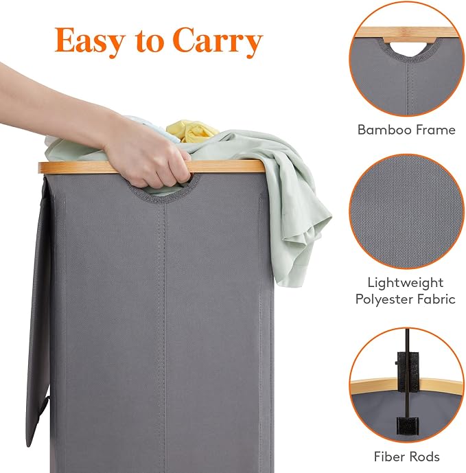 Lifewit 120L Double Laundry Hamper with Lid, Large Laundry Basket with Removable Bag & Bamboo Handles, Fodable Tall Dirty Clothes Hamper for Laundry Collapsible Bin for Bathroom Bedroom, Charcoal Gray