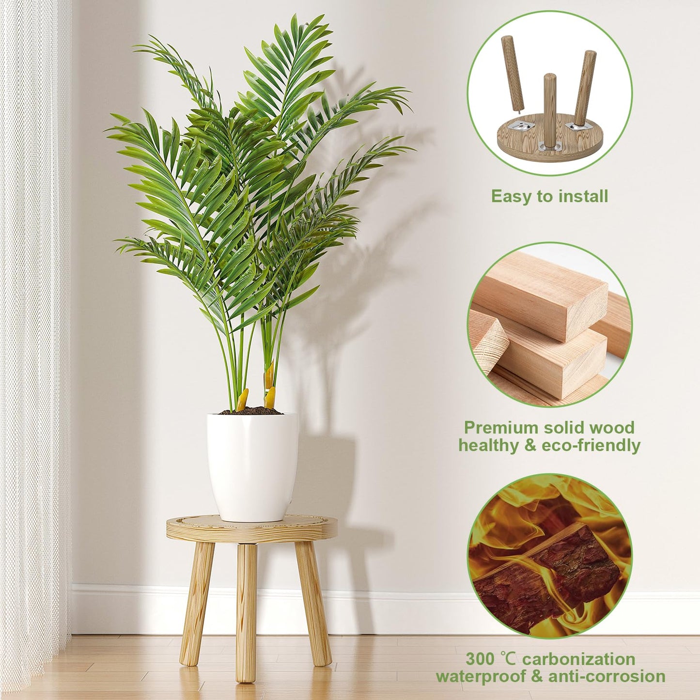 Vecxoty 3-Pack Wood Plant Stands Indoor, Single Plant Stand for 6-12 Inch Pots, Mid-Century Modern Plant Stool, Tall Plant Stand for Large Plants for Living Room, Balcony, Office (Light Brown