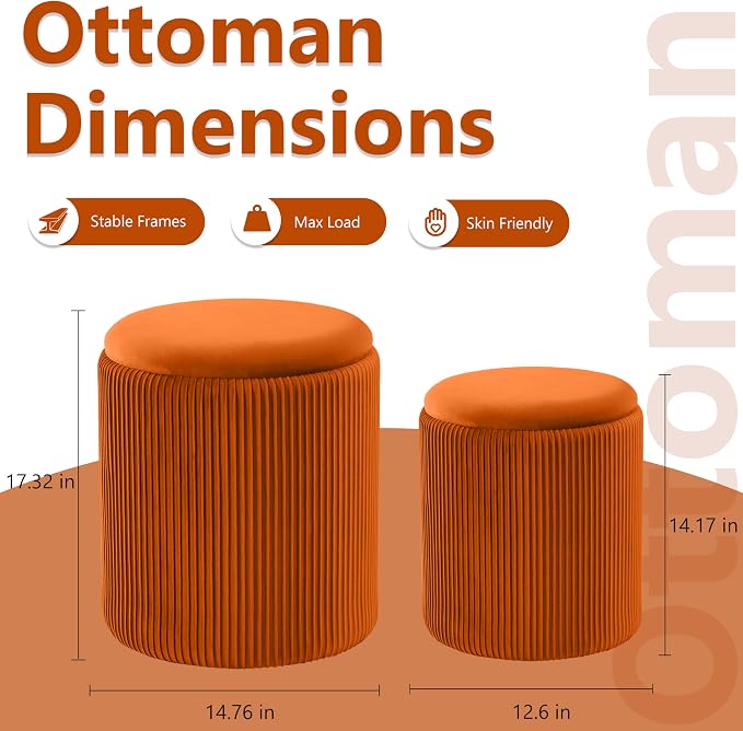 Royal Windsor Round Ottoman with Storage Set of 2,Vanity Stool with Storage for Bedroom, Ottoman Coffee Table,Small Velvet Foot Stool for Living Room, Orange