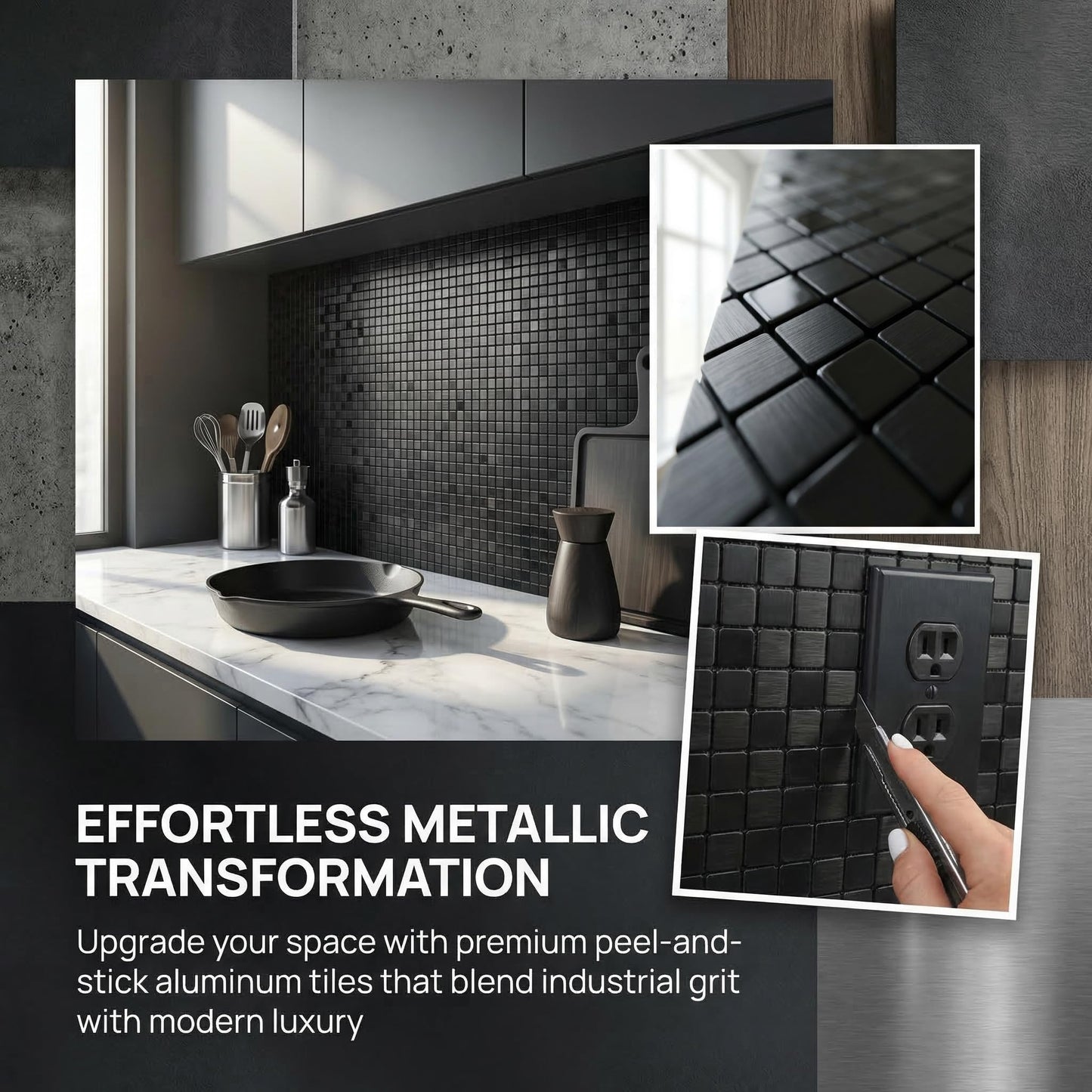 sanyeskkiy 10pcs Matte Black Mosaic Wall Stickers - Peel & Stick Waterproof Backsplash, Non-Slip Heat-Resistant DIY Stickers, Easy Cutting, Shower/Bathroom/Kitchen Cabinets (10, Brushed Black 1)