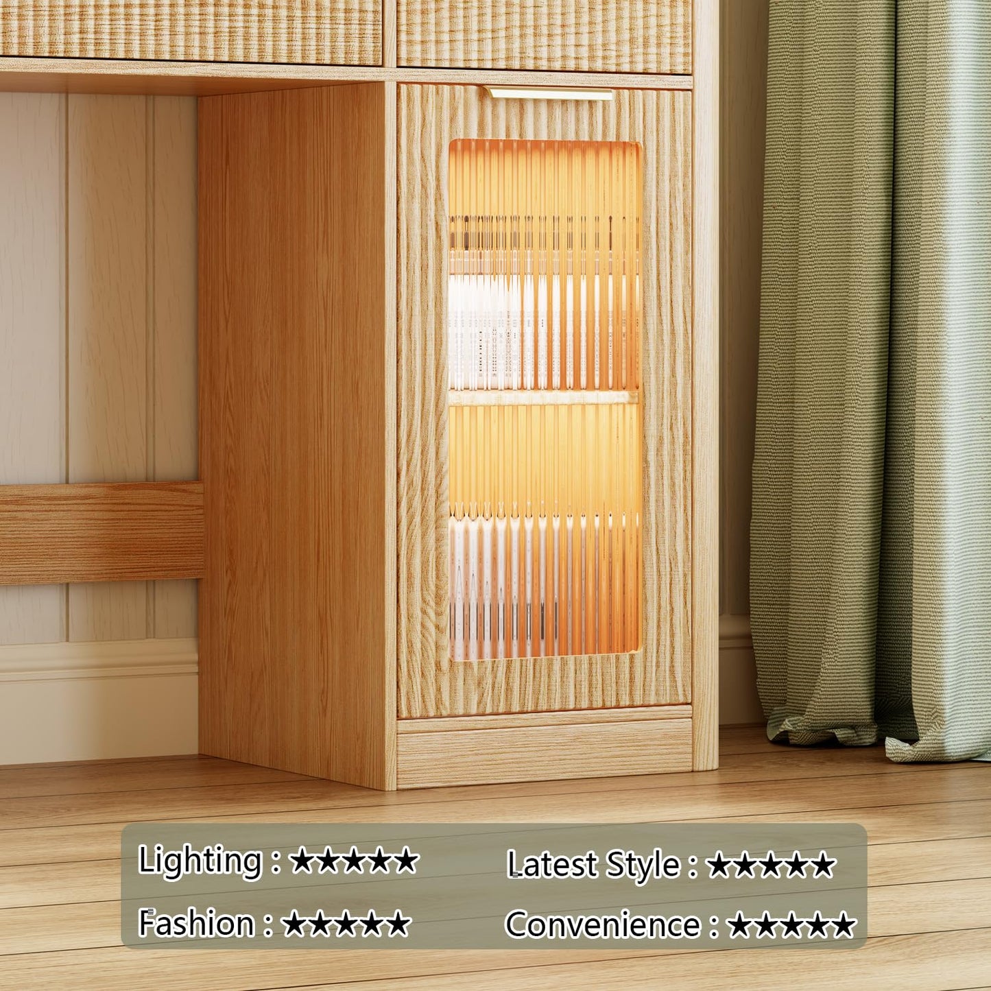 GRUTEUNIT 51" Large Vanity,Modern Fluted Makeup Vanity Desk with Mirror and Lights, Glass Top Vanity with 3 Drawers and 2 Cabinets&Charging Station,Dressing Table for Women and Girls’ bedrooms. Oak
