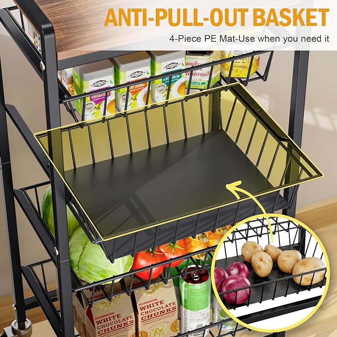 TOOLF 5-Tier Kitchen Storage Cart with Tabletop, Rolling Snack Cart with Lockable Wheels, Fruit Vegetable Basket with 4 Pack Mats, Metal Storage Rack with Pull-Out Pantry Trolley for Organizer