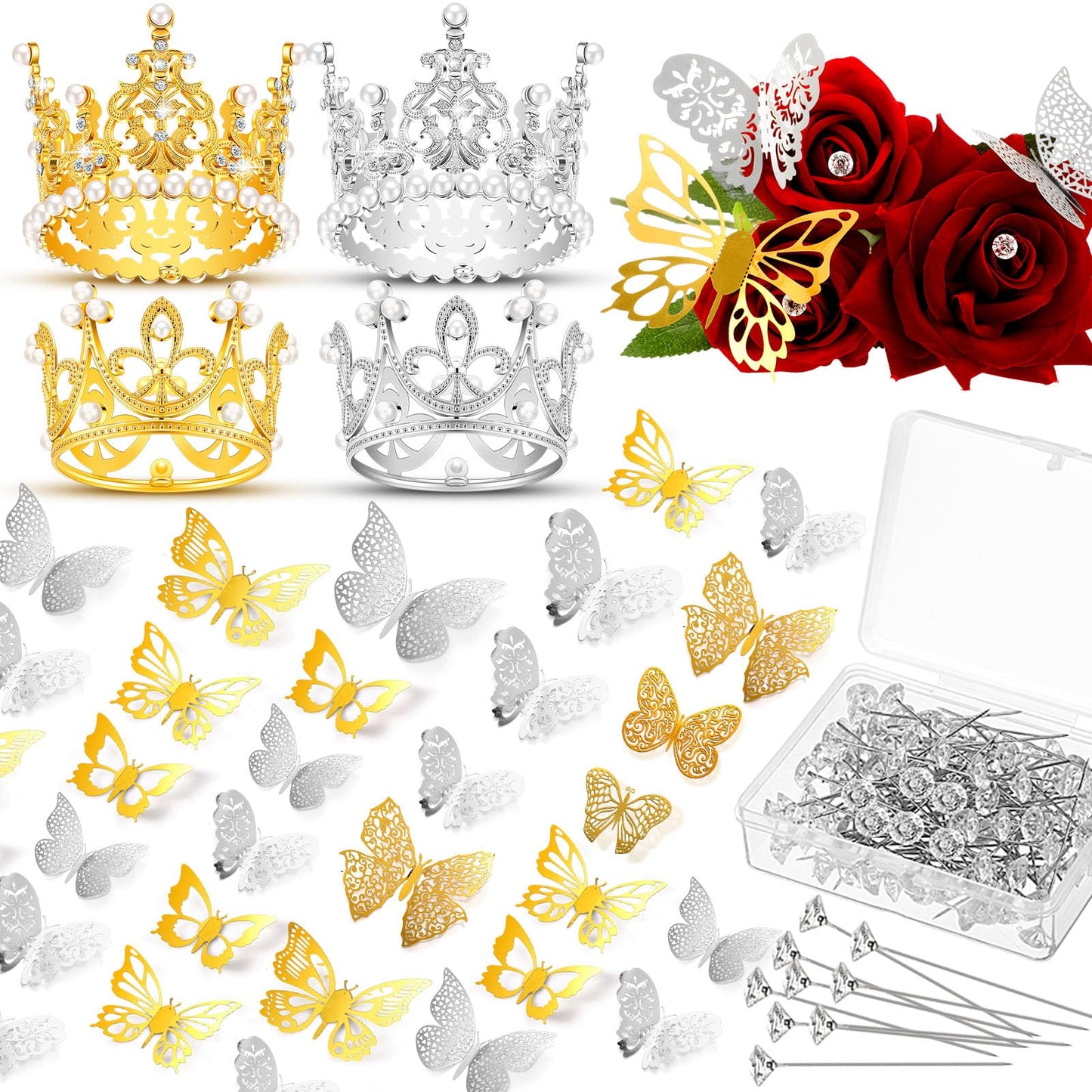 200 Pcs Flower Bouquet Accessories 100 Corsage Bouquet Pins 96 3D Butterfly Wall Decor Bulk and 4 Crown Cake Topper Pearl Pins Floral Arrangement for Festival Wedding Birthday Party (Gold, Silver)
