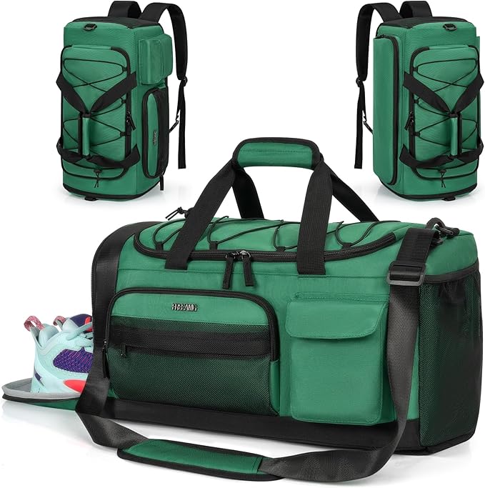 Gym Bag for Women & Men, Sports Travel Duffle Bag with Shoe Compartment, Anti-Theft Carry On Weekender Bag, Water Resistant Overnight Backpack for Airplane, Gym, Travel (Green)