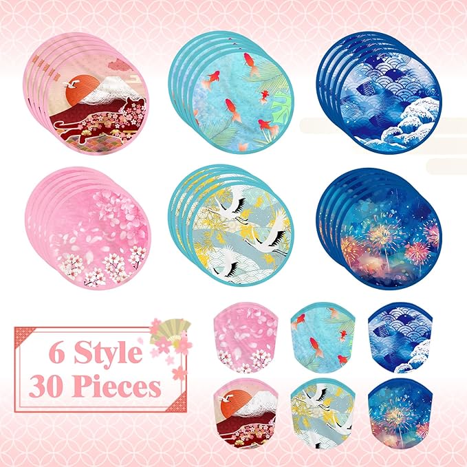 Mototo Foldable Flying Disc Fans, 30PCS Japanese Foldable Disc Fan 8 Inch Pop up Round Collapsible Hand Fan Bulk with Pouch for Women Purse Travel Beach Game Wedding Party Favor Decoration, 6 Style
