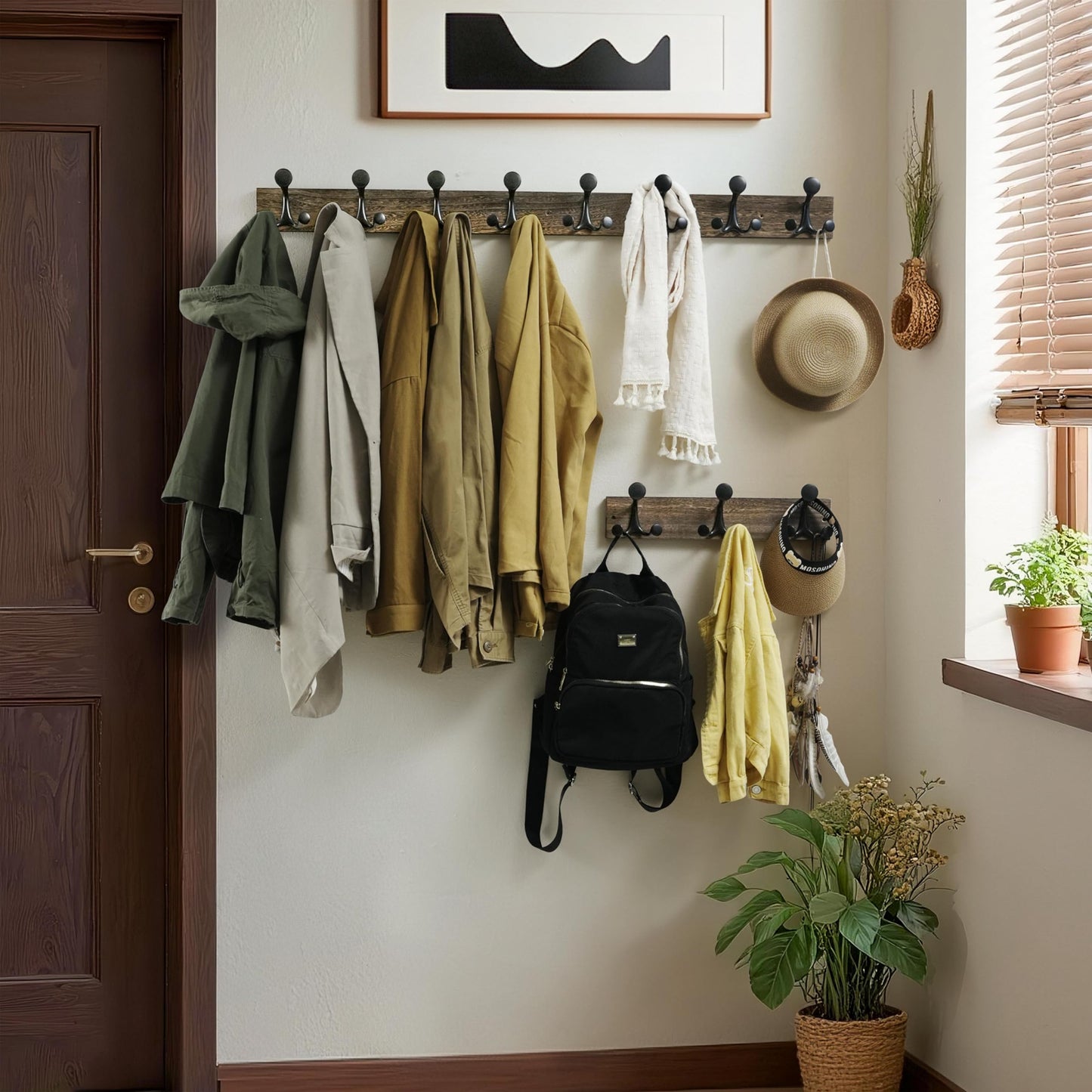 WEBI Coat Rack Wall Mount,17" Solid Wood Coat Hooks Wall Mounted Coat Hanger,16" Hole to Hole,Heavy Duty Hook Rack Rail,3 Triple Hooks for Hanging Coats,Jacket,Clothes,Hat,Backpack,Weathered Brown