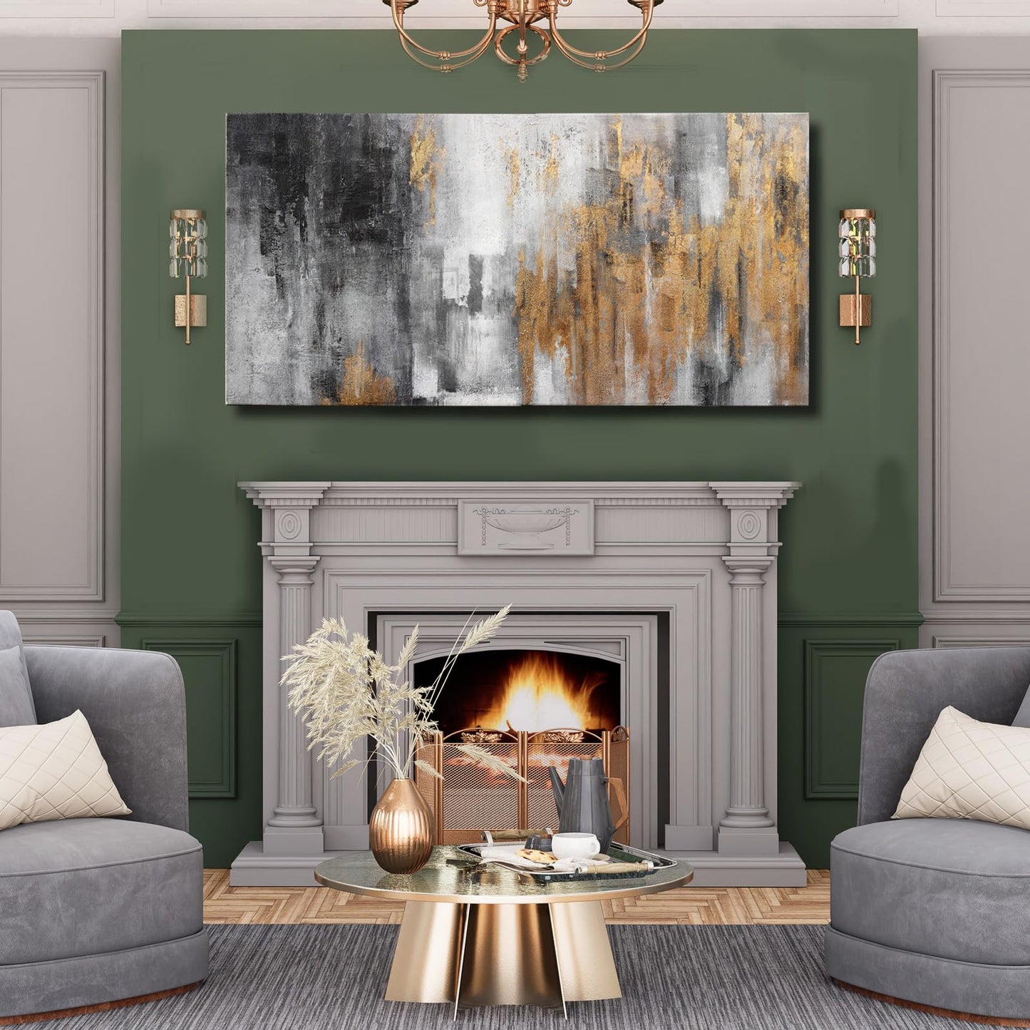 YJYart Abstract Canvas Wall Art with Gold Foil Modern Black Oil Paintings Graffiti Wall Art for Living Room Bedroom Kitchen Office Wall Decorations 30" x 60"