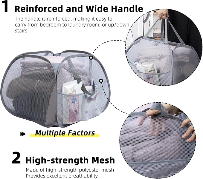 Collapsible Laundry Basket, 90L Foldable Pop Up Laundry Hamper with Handles, Mesh Dirty Clothes Hamper for Laundry, Bathroom, Kids Room, Dorm,Travel or Camping (Gray, 2PCS)