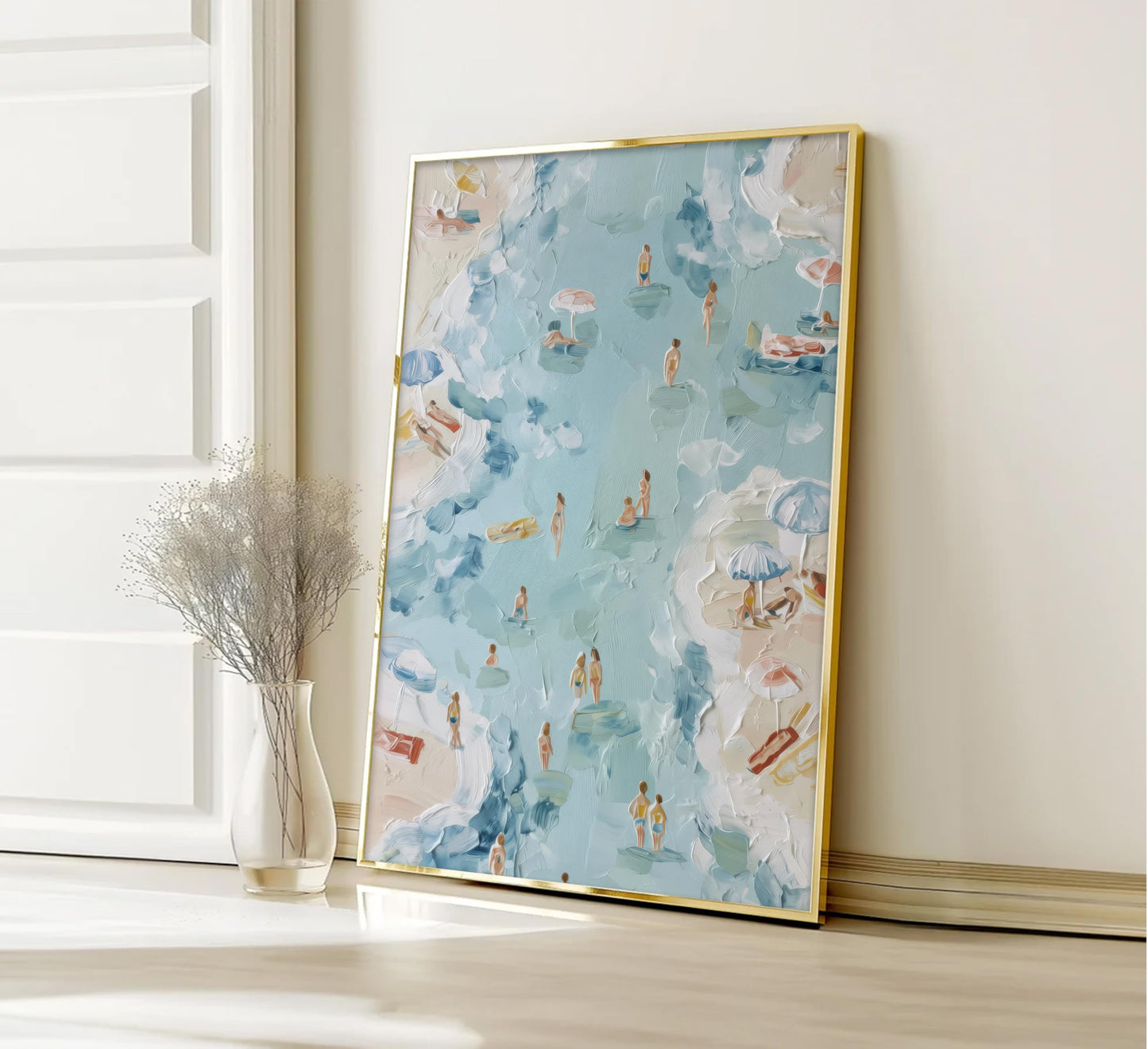 Blue Ocean Wall Art Coastal Surf Poster Beach Vacation Picture Wall Decor Abstract Beach People Surfing Painting Seashore Canvas Print Artwork for Living Room Bedroom Apartment Decoration,UNFRAMED