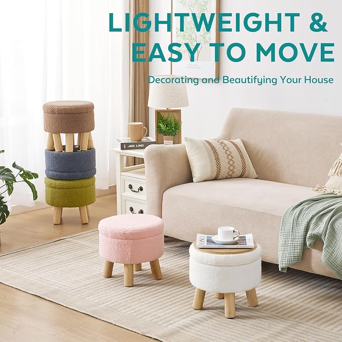 Small Ottoman with Storage, Small Storage Ottoman Round, Sherpa Foot Stool with Legs, Ottomans and Footstools for Living Room and Entryway (White)