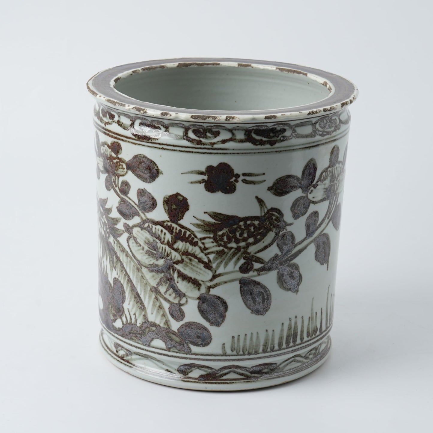 Antique Hand-Painted Flower and Bird Porcelain Pen Holder Old Style Ceramic Planter 9.7 Inch Large Plants Vase Blue & White Porcelain Silla Flower Plant Pots (Brown)