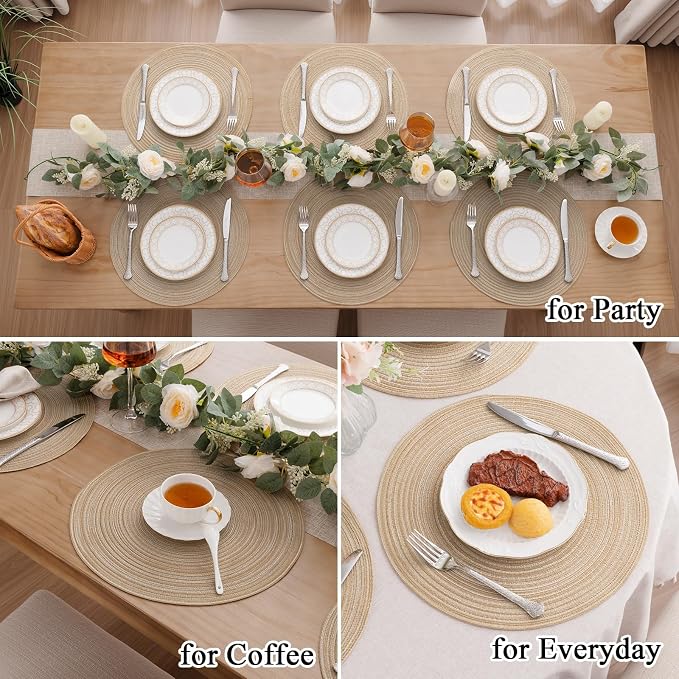SHACOS Round Braided Placemats Set of 8 Cotton Fabric Round Table Mats Non Slip Washable 15 inch Round Place Mats Home Party Table Decor (Beige, 8)