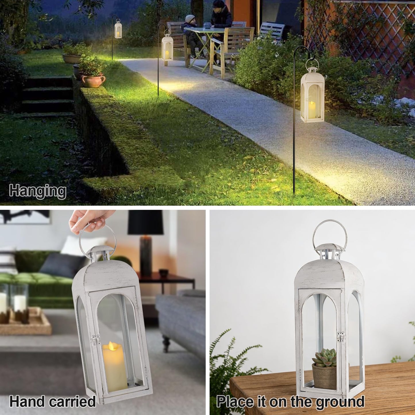 Damsico Lantern Decorative Indoor & Outdoor, Large Hanging Candle Lanterns, Metal Decorative Candle Lanterns, Waterproof Hanging Lantern for Porch Patio Wedding Home (White)