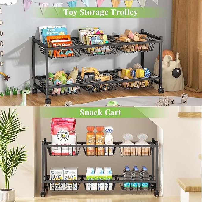 2-Tier Rolling Pantry Cart on Wheels with 6 Removable Baskets, Sturdy Pantry Floor Organizer and Storage, Kitchen Storage Cart for Fruit Vegetables, Snack Organizer for Pantry Kitchen Living Room