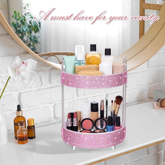 Honeydak 360 Rotating Perfume Organizer Gift for Women, Rhinestone Preppy Skincare Organizer Bathroom Counter Makeup Holder Skincare and Perfume Storage for Cosmetic(2 Tiers,Resin Diamond,Pink)