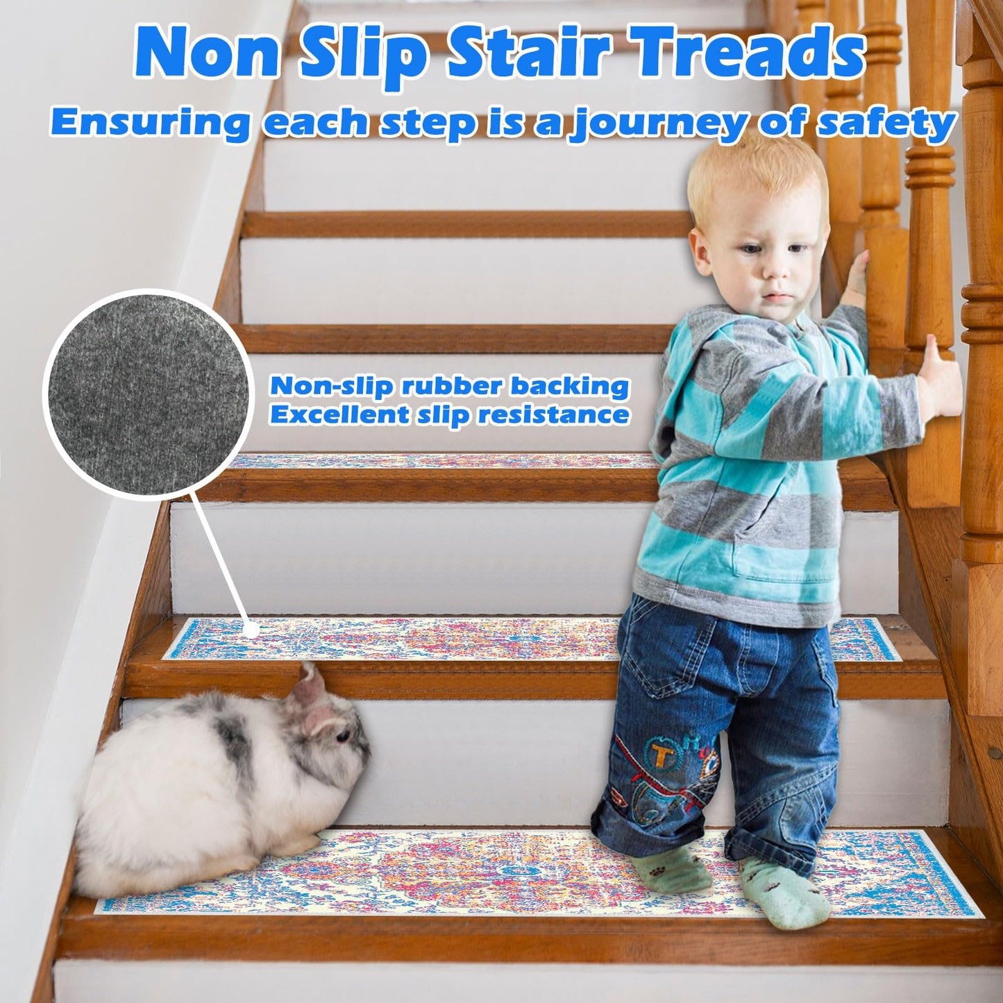Non Slip Stair Treads Carpet Mat, 30in X 8in Indoor Stair Runners for Wooden Steps, Rubber Backing Edging Stair Rugs for Kids Elders and Pets(Blue/Beige,15PCS)