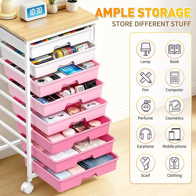 SUNALLY Rolling Storage Utility Cart With 8 Drawers, Storage Drawer Cart with Wooden Tabletop and 2 Lockable Wheels, 8 Tier Rolling Cart for Craft Art Supply Storage & Home Office Organization, Pink