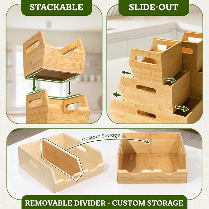 HOMESTEAD 3-Tier Bamboo Pantry Storage Bins – Stackable Potato & Onion Storage Bin with Handles, Fruit Basket & Produce Organizer for Kitchen Countertop, Pantry Organization, Set of 5
