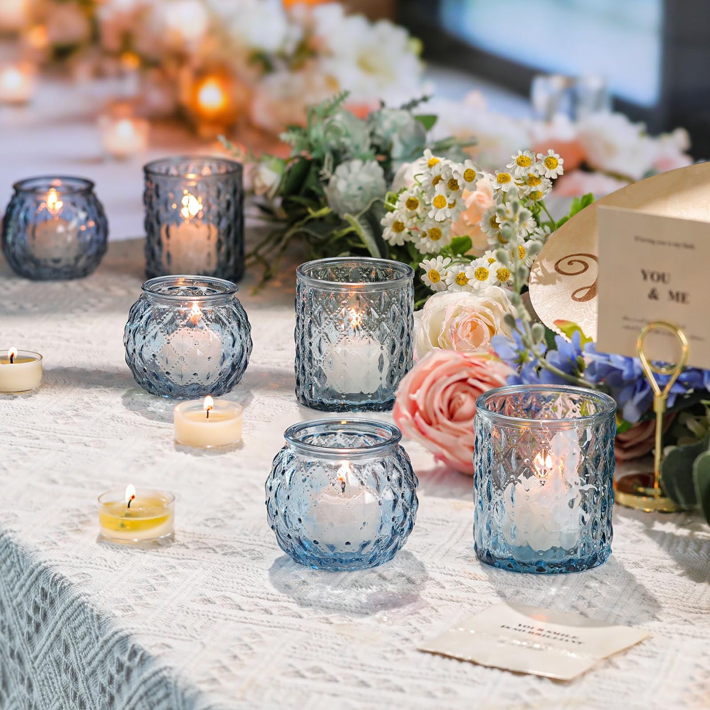 DARJEN Blue Votive Candle Holder Set of 20, Upgraded Size Tea Light Candle Holder Glass for Wedding Table Centerpieces, Elegant Bulk Votive Holders for Party, Proposals and Wedding Shower