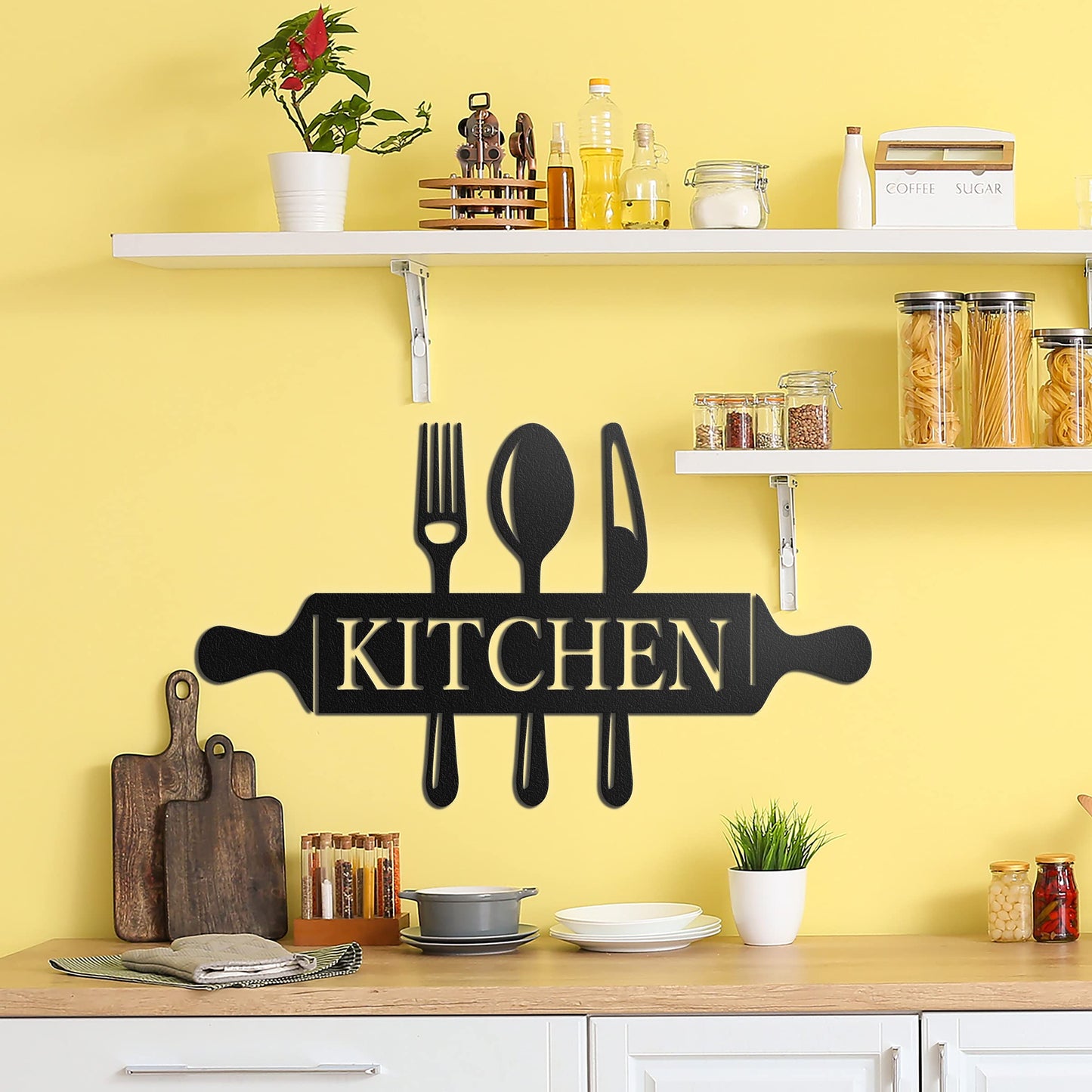 Vivegate Metal Utensil Wall Decor - Modern Black Country Sign for Kitchen and Dining Room