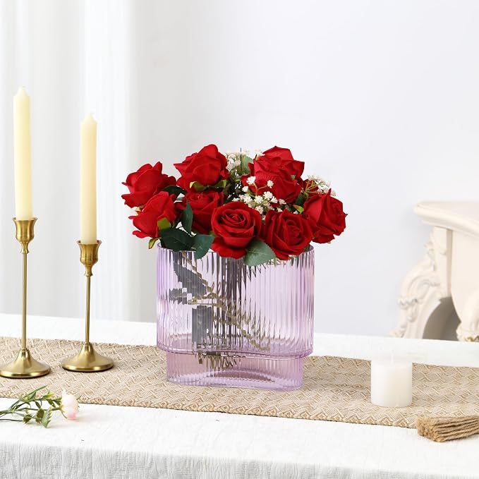 Ribbed Vase, Purple Glass Vase for Flowers, Purple Flower Vases for Tulips, Modern Vases for Living Room, Dining Table, Office, Bedroom, Mantle, Shelf, Wedding, 7 Inch