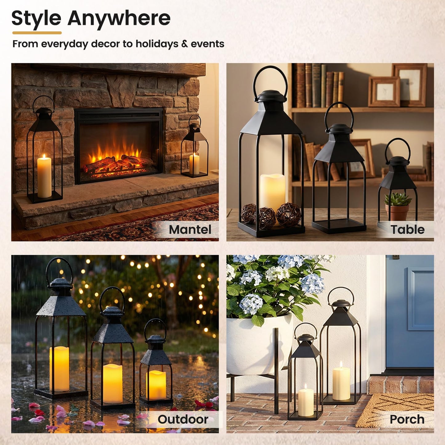 Decorative Metal Lanterns Indoor Outdoor, Set of 3 Farmhouse Lantern Holders Without Candles for Porch, Patio, Fireplace, Floor, Wedding & Holiday Table Centerpiece (Black, 20" 15.7" 12")
