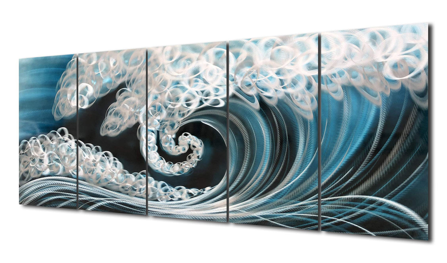 Yihui Arts Handcrafted 3D Metal Wall Art - Ocean Wave Sculpture, 5 - Panel Aluminum Decor for Living Room, Bedroom & Office