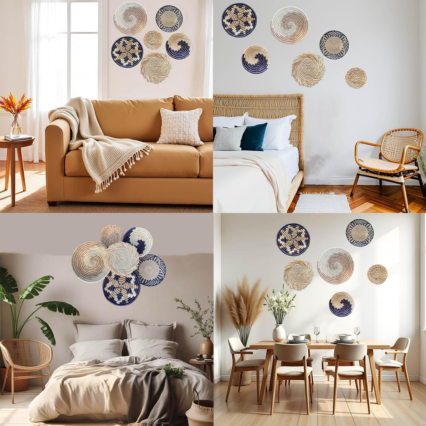 Laquedecraft Boho Round Handmade Wall Basket Decor | Woven Seagrass Rattan Wicker Wall Decor Hanging Rustic Flat Elegant Wall Art for Farmhouse Living Rooms Bedrooms Display Table Settings Kitchen Home (Bohemian, 6)