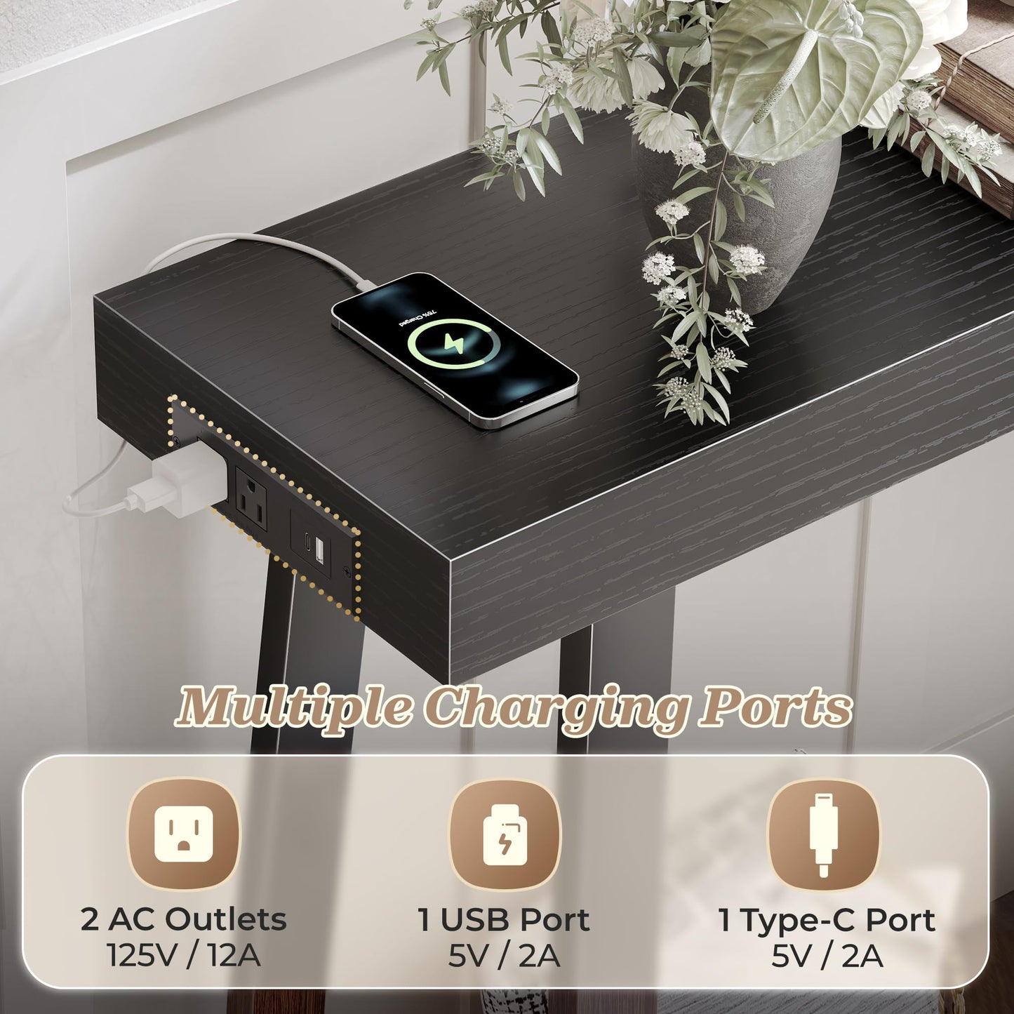 Huuger Entryway Console Table with Charging Station, USB-C Port, 47.2 Inch Sofa Table with Metal Legs, Entry Hallway Table with Thicker Desktop, Modern Behind Couch Table, Black