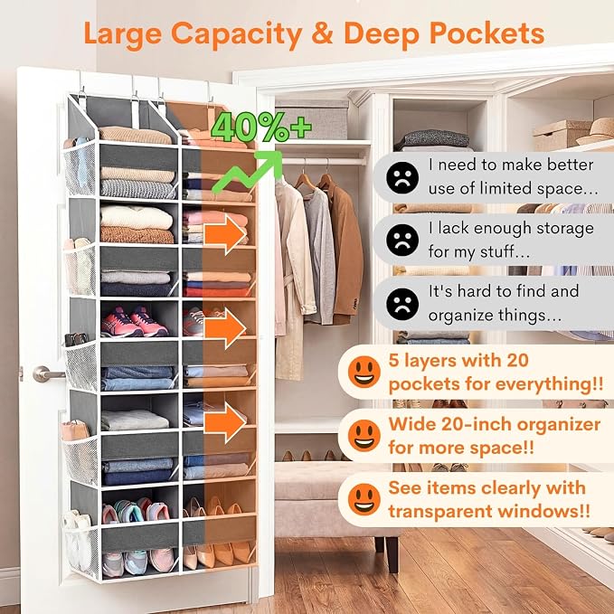 Over the Door Organizer 5 Tiers, Extra Large Behind Door Storage of 10 Compartments, 80 lbs Weight Capacity Over Door Organizer, Door Hanging Organizer for Closet, Diaper Organizer, Room storage