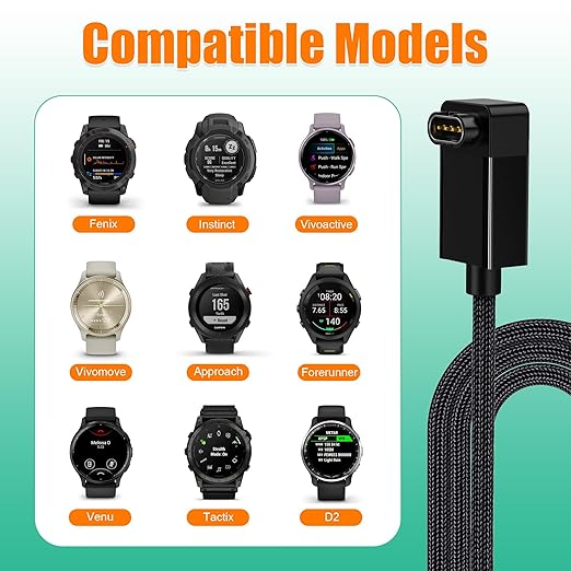 AGVEE 2 Pack 1.5ft Charger for Garmin Watch, L-Shape Zero Gap Charging Cable for Fenix, Forerunner, Vivoactive, Instinct, Venu, Tactix, Approach, D2, Quatix Series, Right Angle Braided, Black