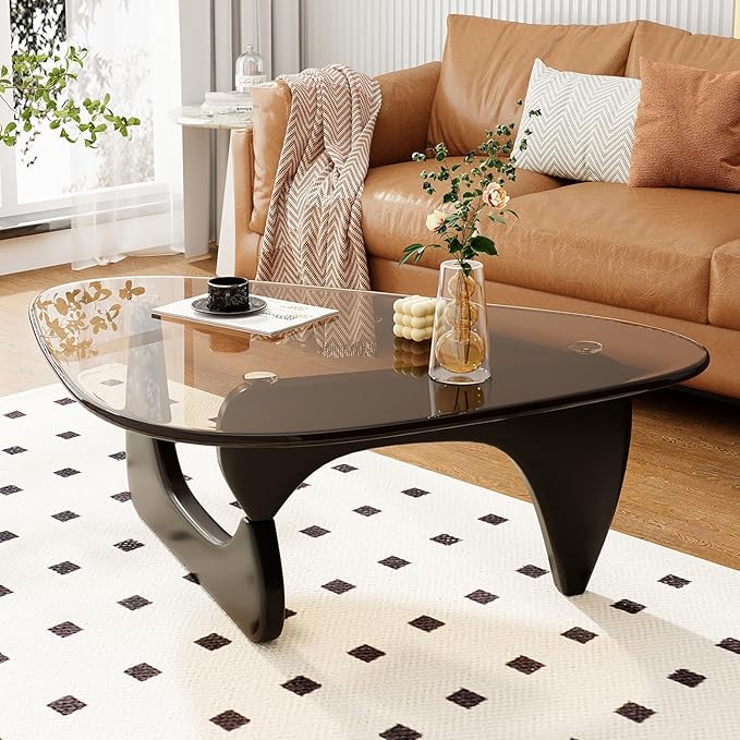 Coffee Table for Living Room Mid Century Modern Center Table with Glass Top and Wood, 32 Inch, Brown/Black