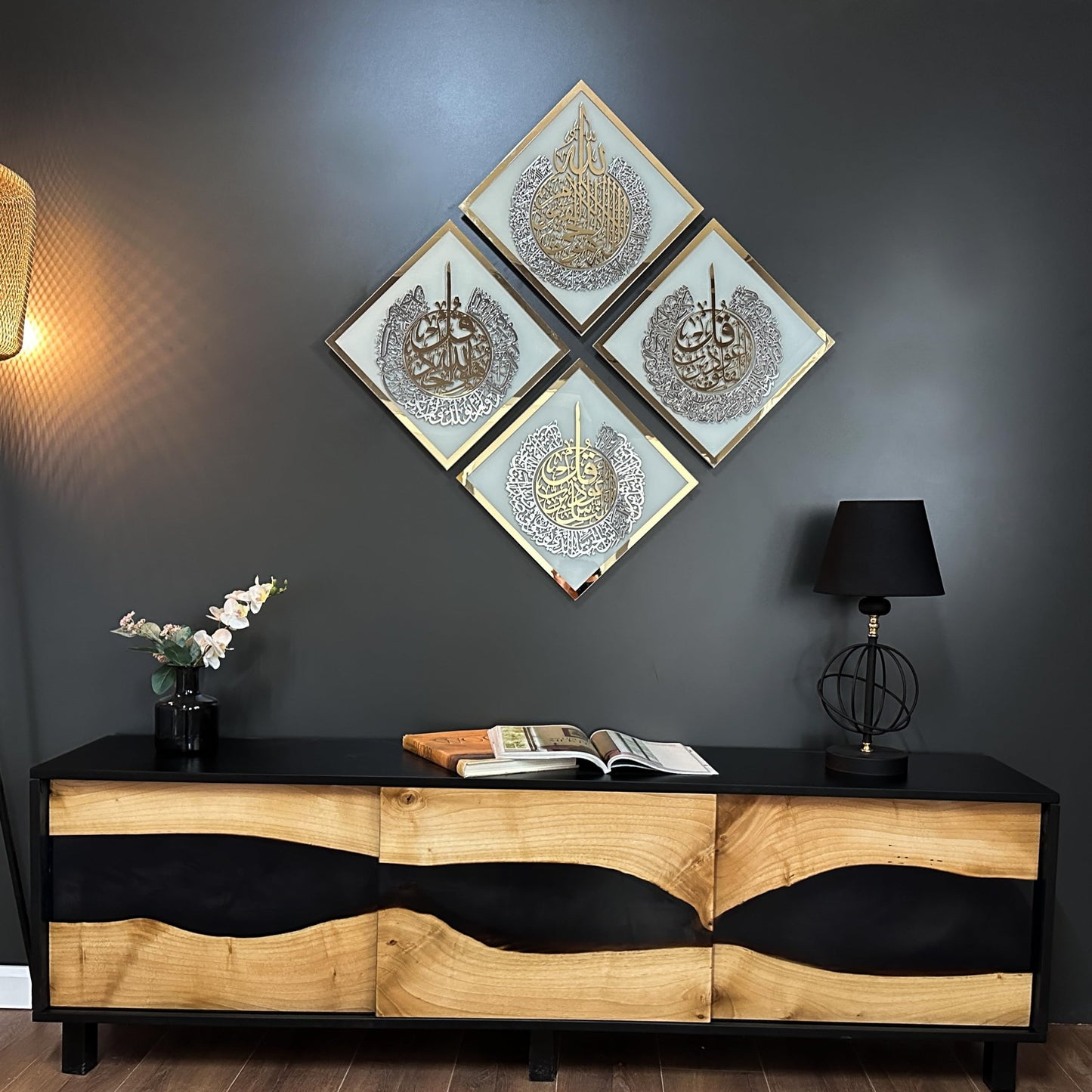 iwa concept Ayatul Kursi, Surah Al Ikhlas, Al Falaq and Al Nas Tempered Glass Set Islamic Wall Art, Quran Verse Arabic Calligraphy Decor, Islamic Gift for Muslims at Ramadan (White Glass)