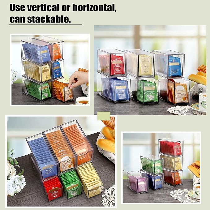 ELLDOO 6 Drawers Tea Bag Organizer, Clear Acrylic Stackable Tea Bag Storage Holder for Kitchen Pantry, Coffee Pod Snack Storage for Countertop Cabinet