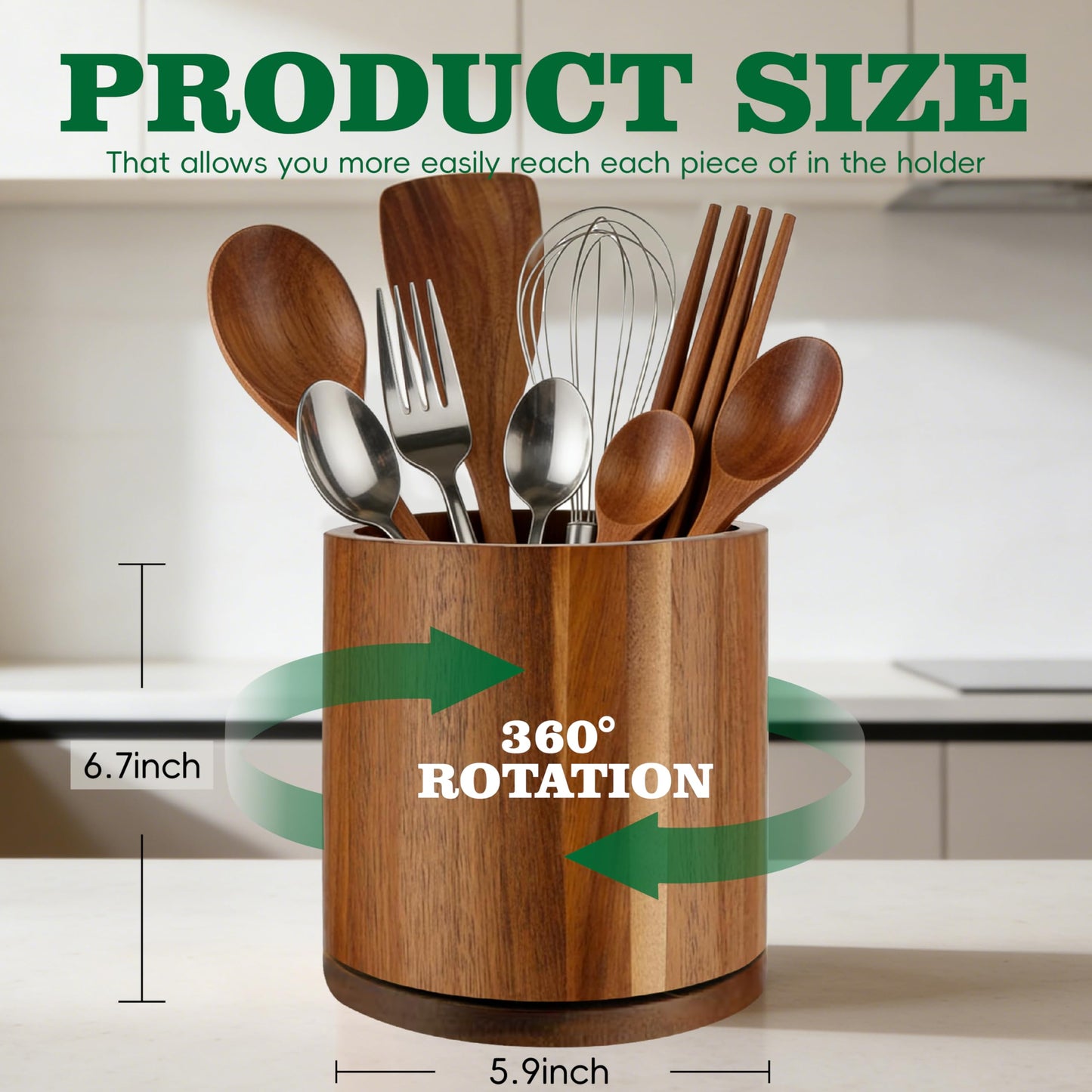 Cyrabota Acacia Wood Utensil Holder 360°Rotating Anti-Tip Design for Kitchen Counter,Cooking Utensil Crock for Countertop , Large Utensil Organizer for Spatula