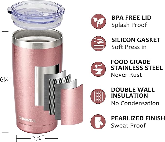 SUNWILL Travel Coffee Mug Set of 2, 20 oz Tumbler with Lid, Insulated Stainless Steel Cup for Water, Tea, Ice, Rose Gold & Cool Grey