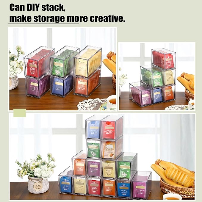ELLDOO 6 Drawers Tea Bag Organizer, Clear Acrylic Stackable Tea Bag Storage Holder for Kitchen Pantry, Coffee Pod Snack Storage for Countertop Cabinet