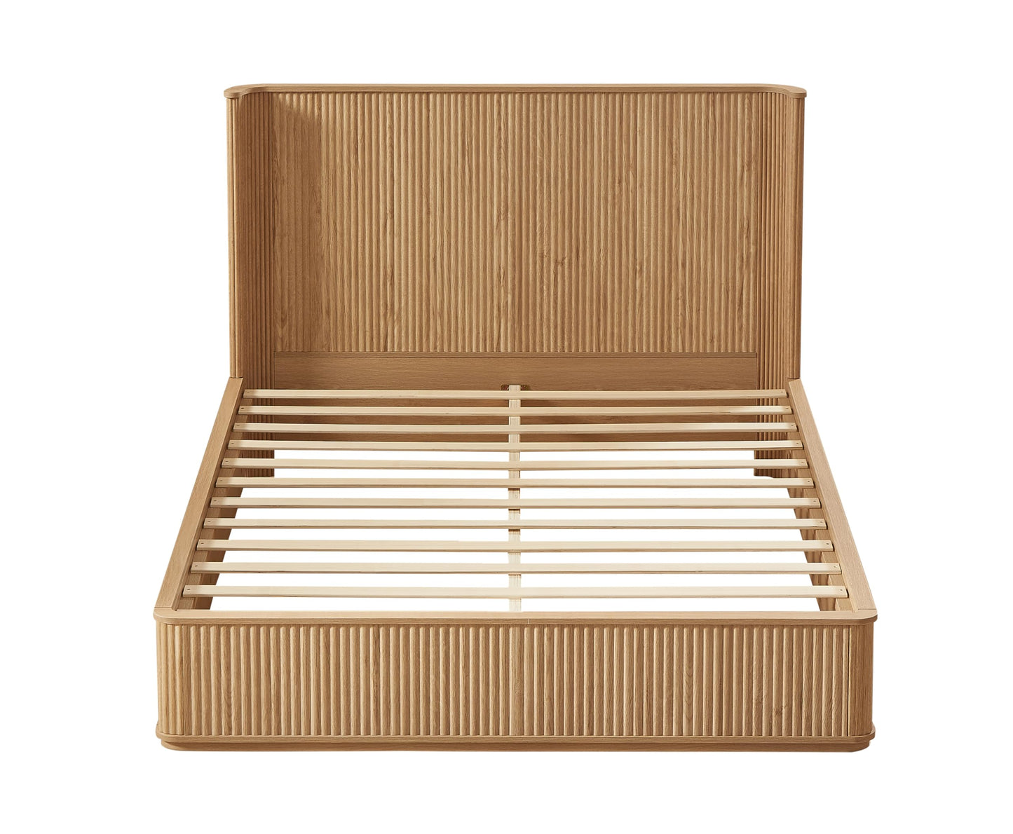 KEIKI Queen Bed Frame with 44" Tall Fluted Headboard, Natural Oak Platform Bed Frame, Modern Wood Bed Frame with Solid Slats, No Box Spring Needed, Noise-Free, Easy Assembly