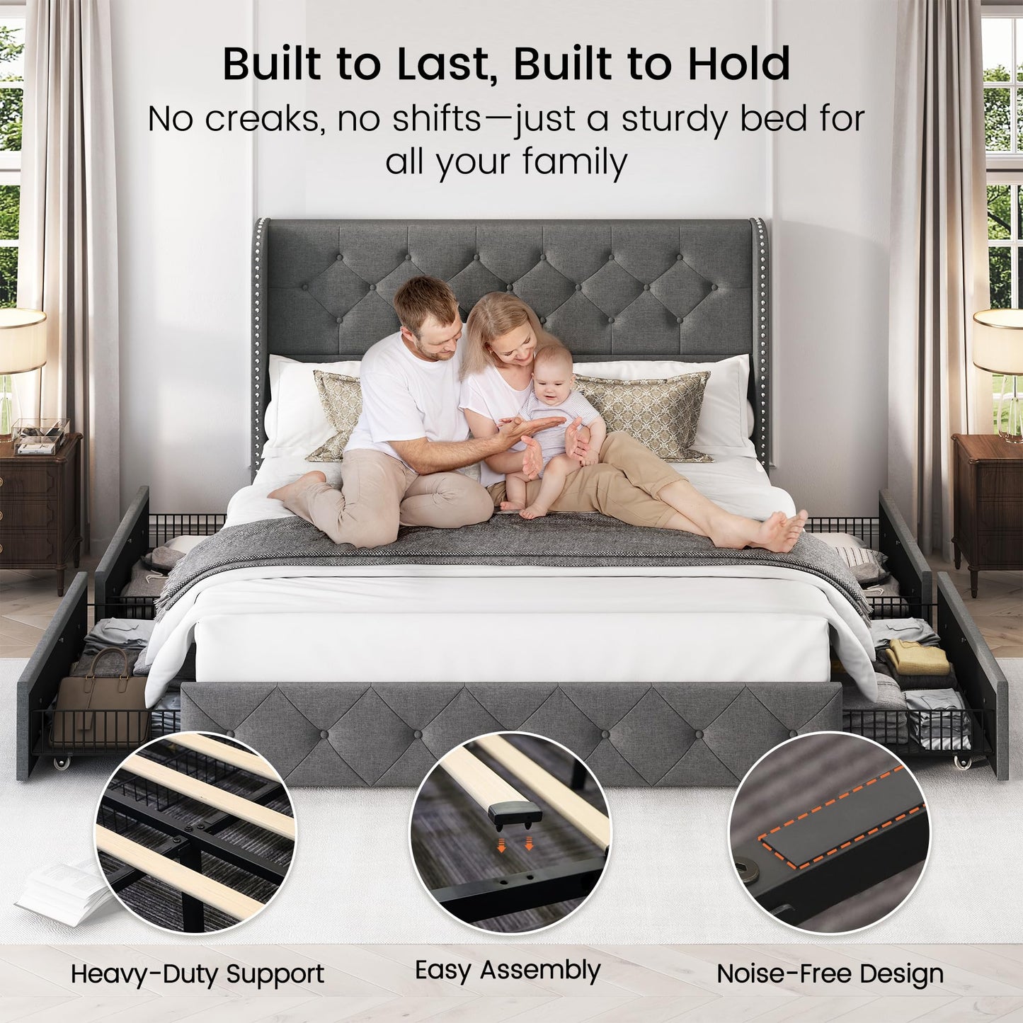 LARMACE Queen Size Platform Bed Frame with 4 Storage Drawers and 47.2" Tall Tufted Headboard Linen Upholstered Bed Wingback Bed Frame with Wooden Slats Support, Easy Assembly, Light Grey