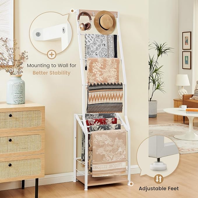 Pinzoveco Blanket Ladder, 7 Tier Blanket Ladders for The Living Room,Wooden Ladder Shelf with Hooks, 5.5ft Blanket Holder Rack Farmhouse Ladder Rack for Storage and Home Decor (White)