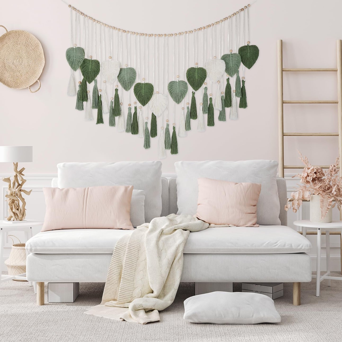 Large Macrame Wall Hanging Tapestry with Wood Bead and Leaf Wall Decor for Bedroom Living Room Nursery Apartment, Room Boho Style Decor Tapestry, 43.3" W X 25.9" L Green Tapestry