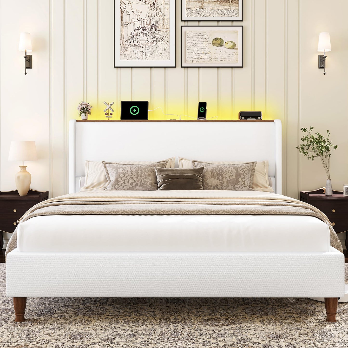 LARMACE Queen Size Bed Frame with LED Lights and Charging Station Linen Upholstered Platform Bed Frame with 51.2" Tall Headboard Wingback and Storage Shelf, No Box Spring Needed, Noise Free, Cream