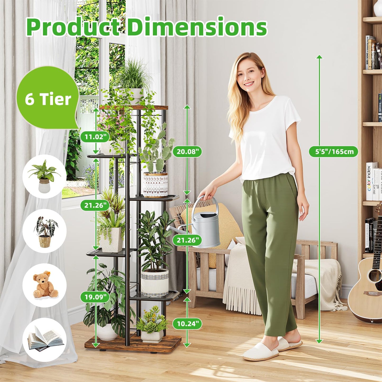 Simple Trending Plant Stand Indoor Outdoor, 6 Tier Plant Shelf, Tall Corner Flower Pot Holder, Metal Display Rack for Patio Balcony Living Room,Brown