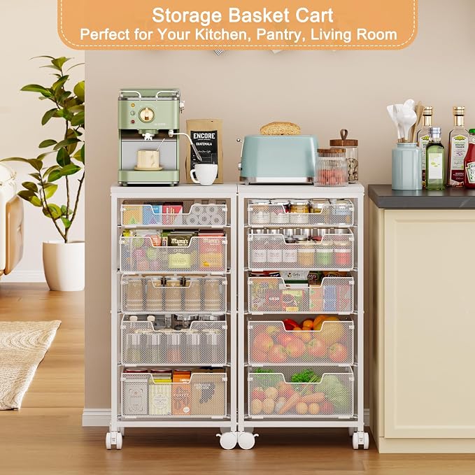 Kitchen Storage Cart with Wheels, 5-Tier Fruit Vegetable Storage Cart, Kitchen Organizer and Storage Cart with Drawers, Wooden Top Metal Wire Pantry Storage Cart for Fruit Snack Onion Potato, White