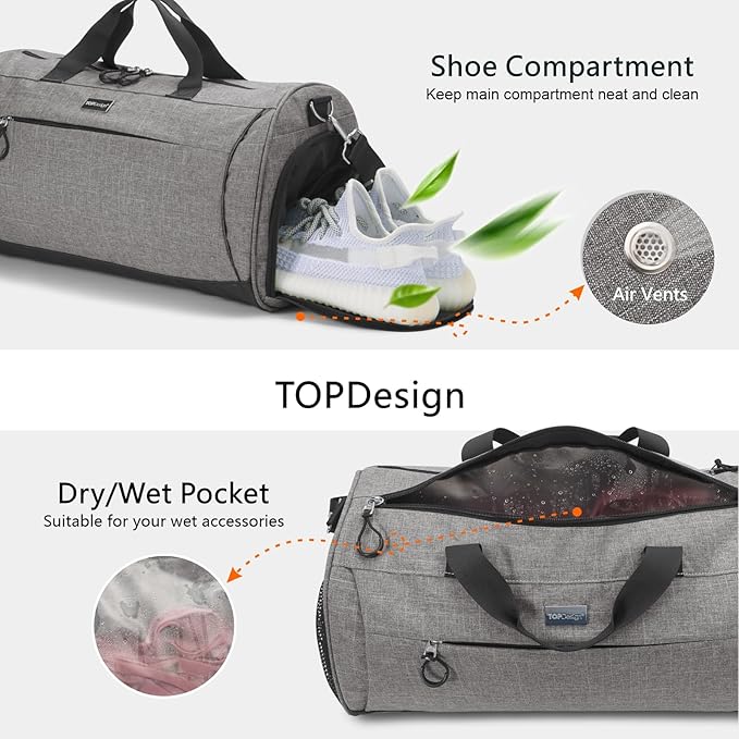 TOPDesign Gym Bag for Women & Men, Unisex Duffel Bag with Shoe Compartment & Wet Pocket for Travel Sports Gym (L Textured Grey)