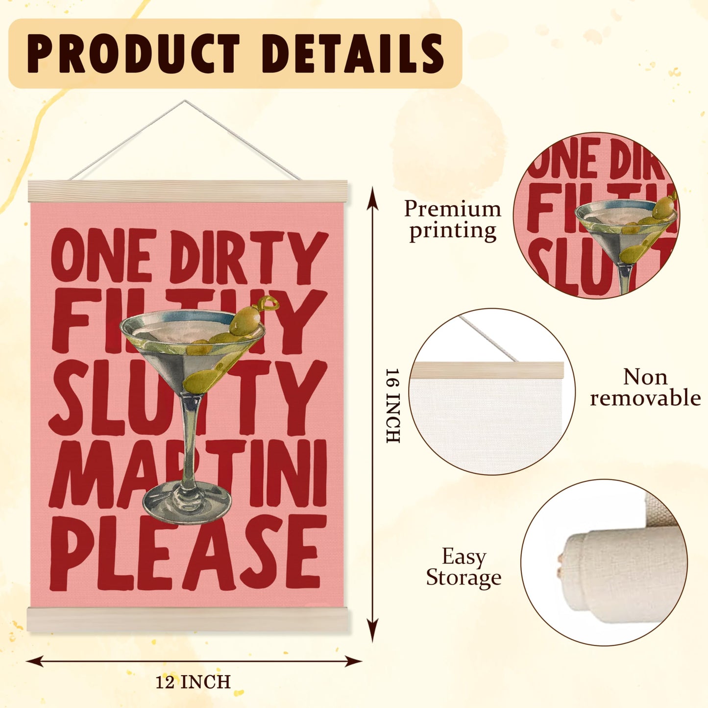 Welshower Dirty Martini Cocktail Bar Poster Hanger Frame, Gifts for Martini Lovers, Pink Trendy Cocktail Wall Art Prints Decor for Home Kitchen Bar Pub Lounge, 12x16 Inch