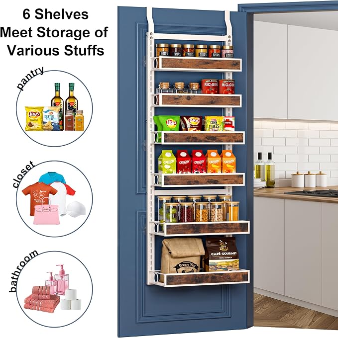 6 Tier Over The Door Pantry Orangizer 2 IN 1 Wall Mounted or Hanging Spice Rack with Adjustable Wood Basket,Heavy Duty Seasoning Storage Shelf for Kitchen Pantry and Bathroom