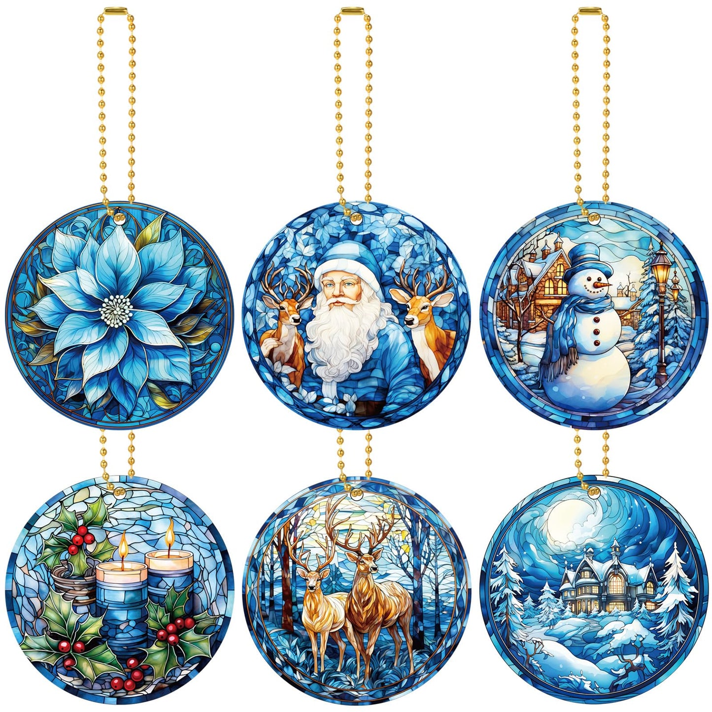 Vercraft 6 Pcs Winter Hanging Ornament Snowman Glass Style Christmas Tree Decoration Xmas Round Window Hanging Art Santa Claus Acrylic Ornament Deer Christmas Decorations